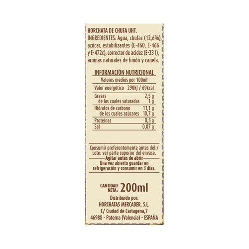 MERCADER Horchata de chufa UHT, receta tradicional MERCADER 3 x 200 ml.