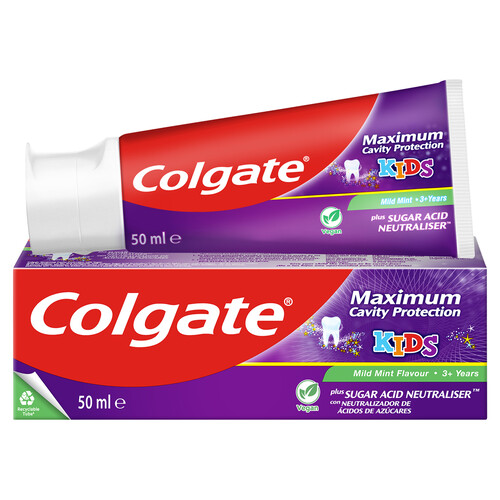 COLGATE Pasta de dientes infantil para niños de + de 3 años, con flúor, calcio y sabor menta suave COLGATE Maximun protection caries kids 50 ml.