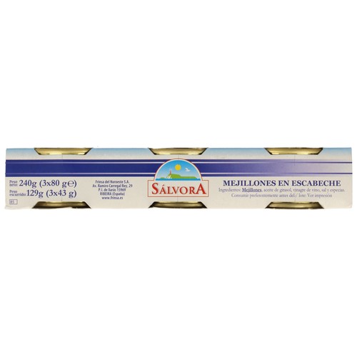SÁLVORA Mejillones escabeche lata de 80 g. pack de 3 uds.