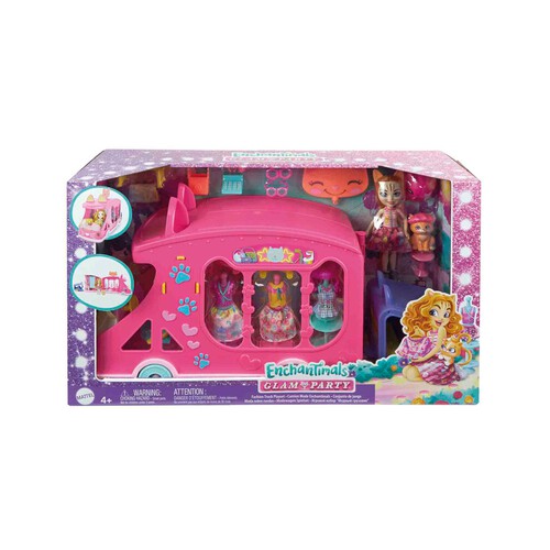 ENCHANTIMALS Glam Party, Camión de estilismos, Conjunto de juego con muñeca y accesorios, incluye una figura de mascota mejor amiga, un remolque y más, regalos para niños y niñas +3años, HPB34