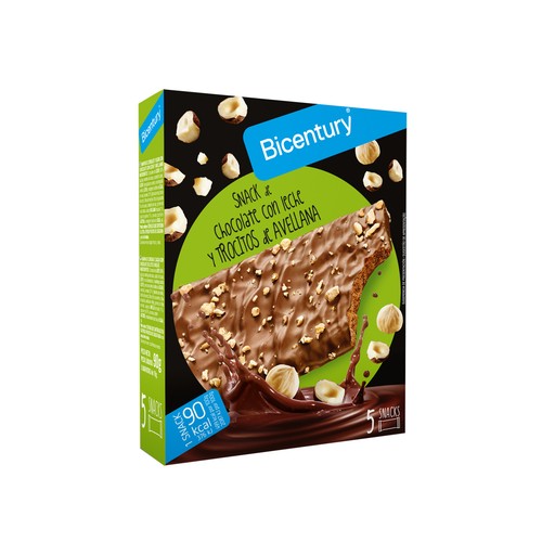 BICENTURY Snack de chocolate con leche y trocitos de avellana BICENTURY 5 uds. c 18 g.