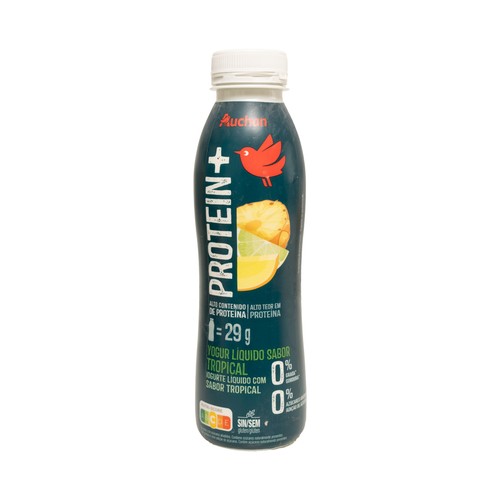 AUCHAN Protein + Yogur líquido desnatado proteico sin azúcares añadidos tropical 381 ml. Producto Alcampo