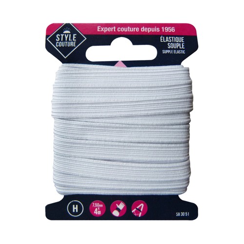 Cinta elástica flexible color blanco para costura, 7,5mm x 4 metros, STYLE.