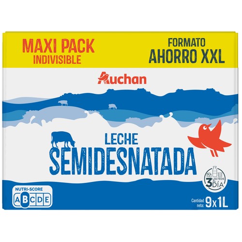 AUCHAN Leche de vaca semidesnatada, Maxi Pack Ahorro XXL 9 x 1 l Producto Alcampo.