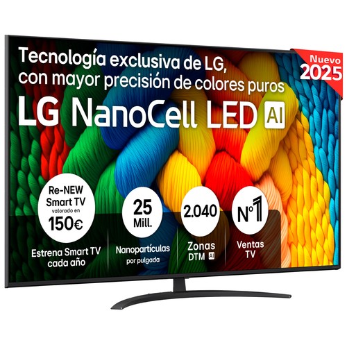 Televisión 165,1 cm (65") Nanocell LG 65NANO816A6A, 4K, Smart TV, Ultra HD,3HDMI, USB, HDR, webOS25 IA, 60Hz.