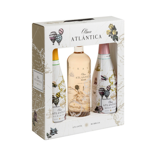 ALMA ATLÁNTICA  Estuche con vino blanco espumos albariño, vino rosado espumoso (Méncía) y vino rosado ALMA ATLÁNTICA.