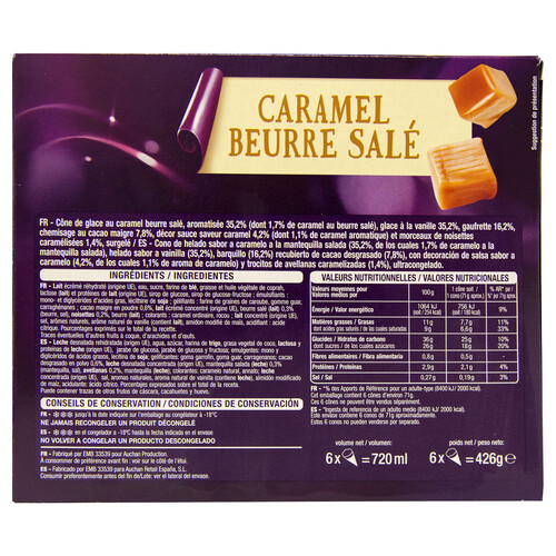 PRODUCTO ALCAMPO Conos de helado de vainilla con caramelo de mantequilla salada PRODUCTO ALCAMPO 6 x 120 ml.