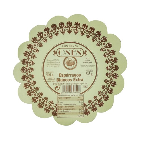OSES Espárragos blancos extra D.O. Navarra 8/12 uds. 325 g.