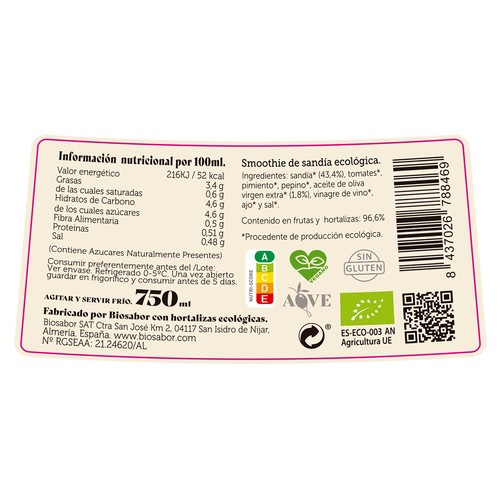 BIOSABOR Fusiona Gazpacho de sandía fashion con vegetales ecológicos 1 l.