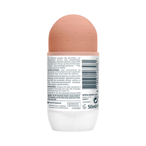 SANEX Desodorante roll on para mujer con protección antitranspirante hasta 24 horas, especial pieles sensibles SANEX Natur protect 50 ml.