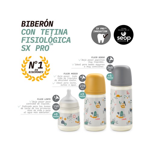 SUAVINEX Biberón de 270 ml., con tetina fisiológica SX Pro de flujo medio, a partir de 3 meses.