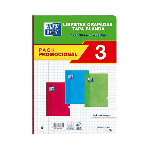 Alcampo Libreta grapada A4 cuadro 4x4 48 hojas tapa blanca pack 3 unidades OXFORD
