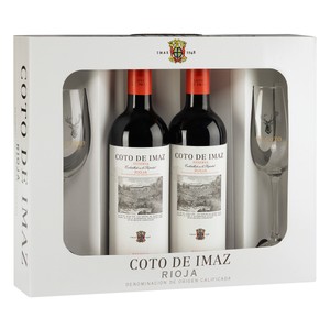 Imagen de COTO DE IMAZ  Estuche con 2 botellas de vino tinto reserva con denominación origen calificada Rioja + 2 copas.