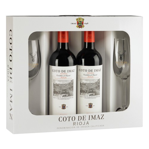 COTO DE IMAZ  Estuche con 2 botellas de vino tinto reserva con denominación origen calificada Rioja + 2 copas.