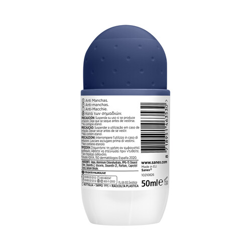 SANEX Desodorante roll on para hombre con protección anti transpirante de 24 horas SANEX Men dermo invisible 50 ml.