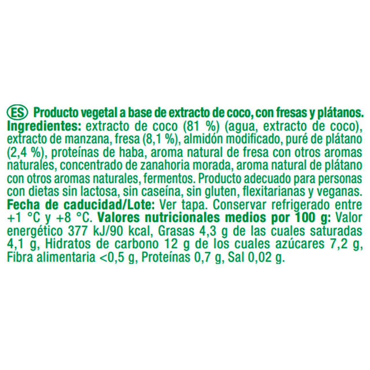 AUCHAN Producto vegetal de coco con fresa-platano sin azúcar 150 g. Producto Alcampo.