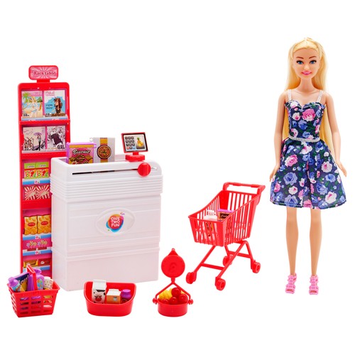 Conjunto Style Story Muñeca en el Supermercado con caja, procuctos y accesorios, 21 piezas +3 Años ONE, TWO FUN