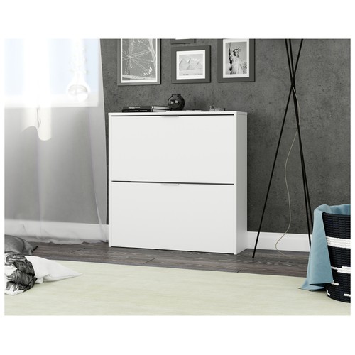 Zapatero de dos puertas, diseño moderno, fabricado en resistente melanina de color blanco brillo, 76x75x22 cm, FORES
