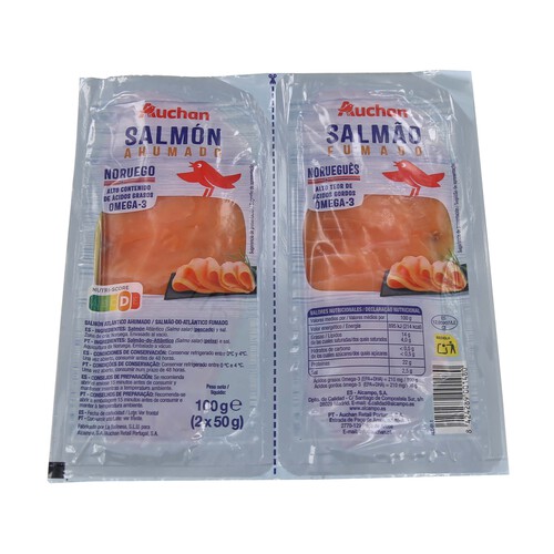AUCHAN Salmón ahumado noruego pack 2 de 50 g. Producto Alcampo