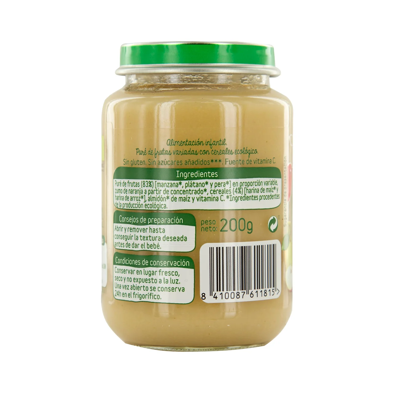 ALCAMPO BABY Bio Tarrito de frutas (pera, manzana, plátano y naranja) con cereales a partir de 4 meses 200 g.