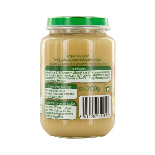 ALCAMPO BABY Bio Tarrito de frutas (pera, manzana, plátano y naranja) con cereales a partir de 4 meses 200 g.
