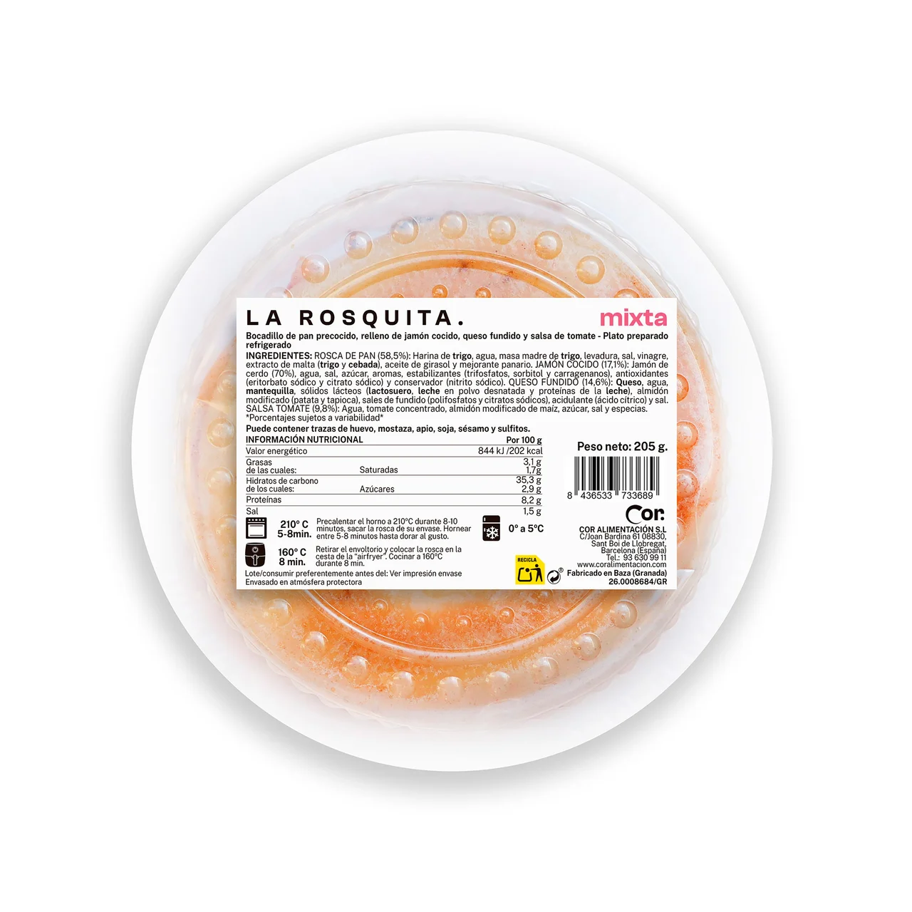 Rosquita mixta rellena de jamón cocido, queso fundido y salsa de tomate 205 g.