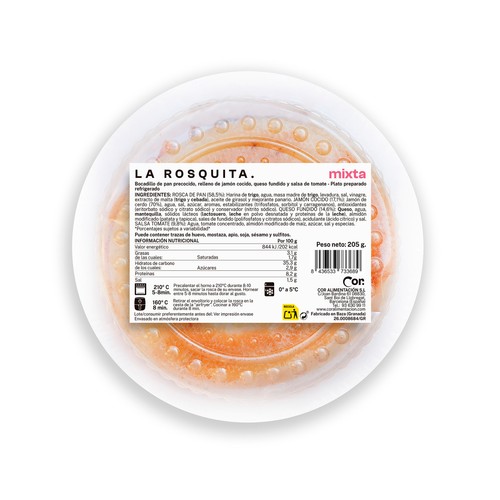 DEORO Rosquita mixta rellena de jamón cocido, queso fundido y salsa de tomate 205 g.