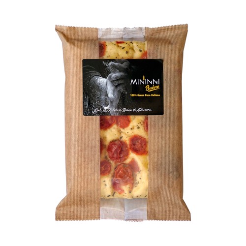 MININNI BUÉNE Focaccia de semola de trigo duro con tomates cherry y AOVE 210 g.