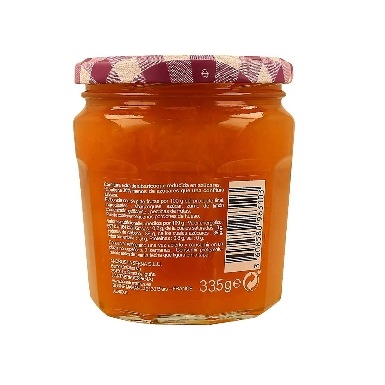 Confitura extra de albaricoque reducida en azúcares 335 g.