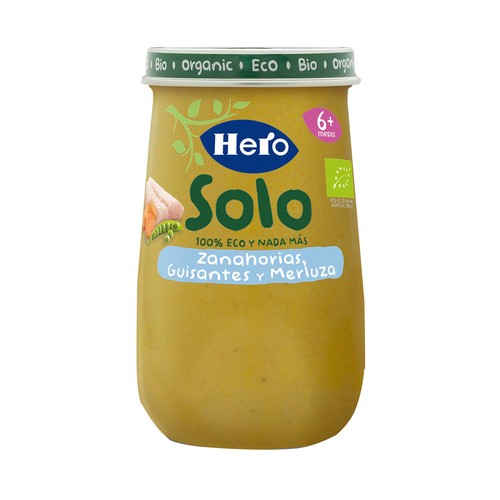 HERO Solo Tarrito de zanahoria, guisantes y merluza ecológicos, a partir de 6 meses 190 g.