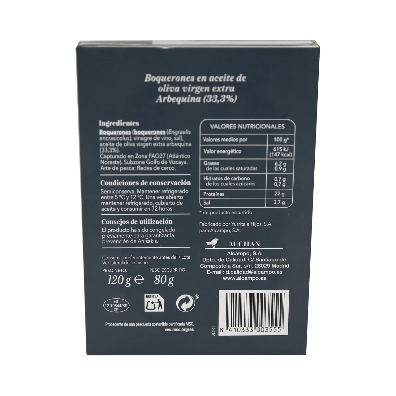 PRODUCTO ALCAMPO Collection Boquerones en aceite de oliva virgen extra Arbequina MSC (Pesca sostenible certificada) 80 g.