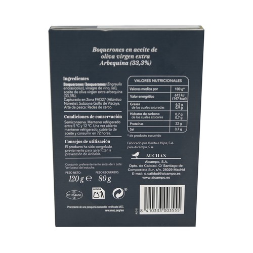 PRODUCTO ALCAMPO Collection Boquerones en aceite de oliva virgen extra Arbequina MSC (Pesca sostenible certificada) 80 g.