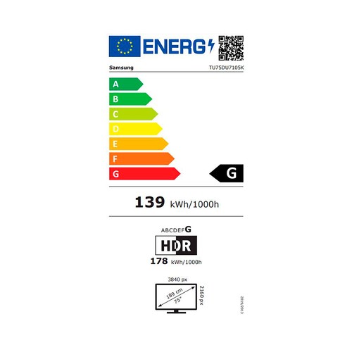 Televisión 190,5 cm (75")  LED SAMSUNG 75DU7105 Crystal UHD, 4K, HDR, Ultra HD, WIFI, Bluetooth, 3 puertos HDMI, UDB, Gaming, 50Hz.