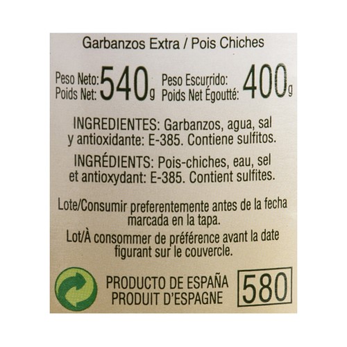 MARZO Garbanzo cocido extra frasco de 400 g.