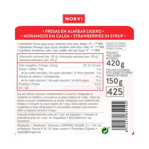 NORVI Fresas en almíbar ligero 150 g.