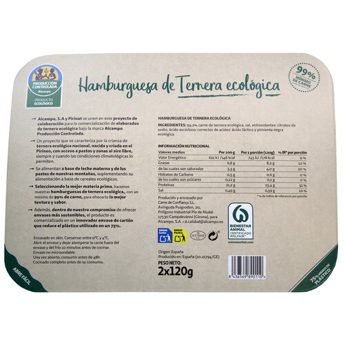 Hamburguesas de tenernera ecológica ALCAMPO PRODUCCIÓN CONTROLADA ECOLÓGICO 2 x 120 g.