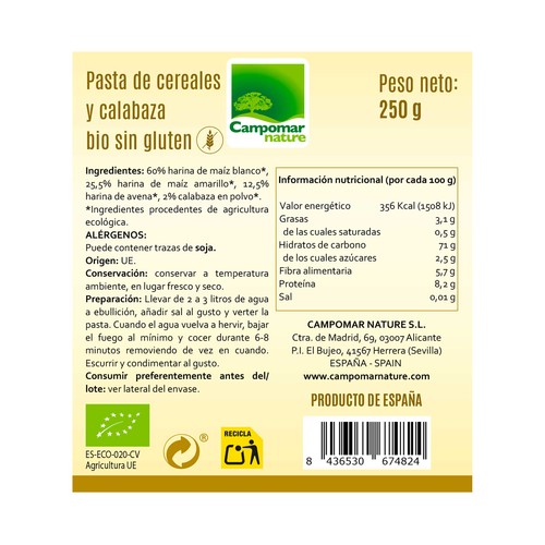 CAMPOMAR NATURE Bio Pasta de cereales y calabaza ecológica 250 g.