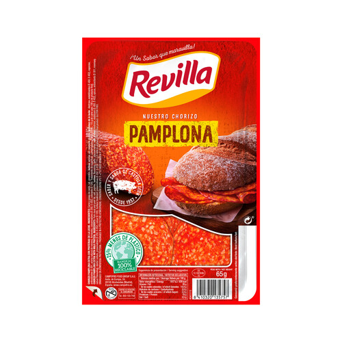 Chorizo de Pamplona, elaborado sin gluten y cortado en lonchas REVILLA 65 g.