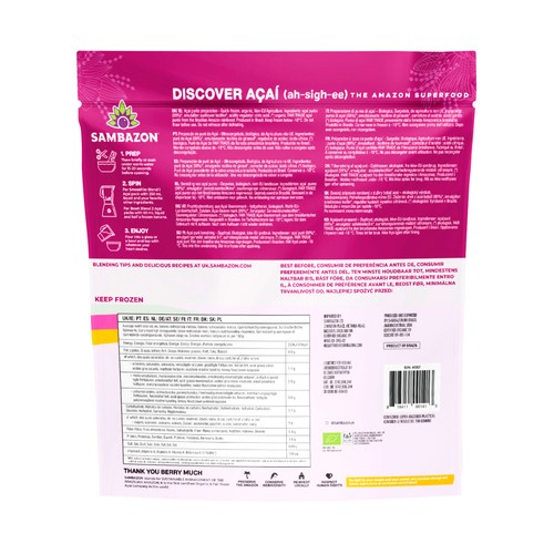 SAMBAZON Puré de Açai sin azúcar de origen ecológico 4 x 100 g.