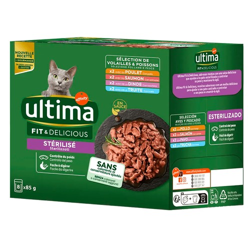AFFINITY Alimento de gato húmero bolsa fit & delicious pollo, pavo, salmón, trucha 85 gr x 8