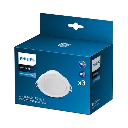 Pack de 3 Downlights empotrables redondos 6W, 8cm, luz neutra 4000K, PHILIPS color blanco.