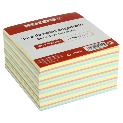 Taco de 500 notas engomadas, cuadradas, de 80 g, de 100 x 100 mm y de colores pastel KORES.