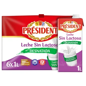 PRESIDENT Leche de vaca desnatada y sin lactosa de origen 100% española 6 x 1 l.