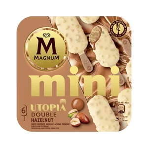 MAGNUM Utopia Mini helado de avellana recubierto de chocolate blanco y trocitos de frutos secos 6 x 55 ml.