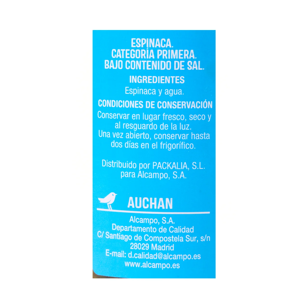 PRODUCTO ALCAMPO Espinacas contenido reducido en sal bote 425 g.