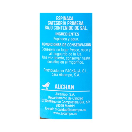 PRODUCTO ALCAMPO Espinacas contenido reducido en sal bote 425 g.