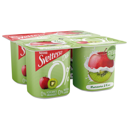 SVELTESSE Yogur desnatado (0% materia grasa) con trozos de frutas (manzana y kiwi) y stevia  Duo 0% 4 x 120 g.