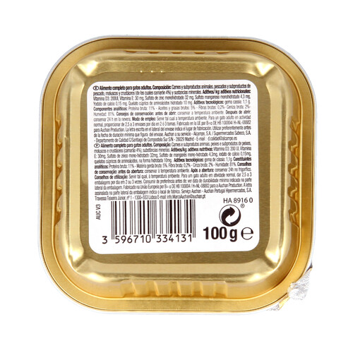 PRODUCTO ALCAMPO Comida para gatos adultos a base de paté de gambas PRODUCTO ALCAMPO tarrina 100 g.