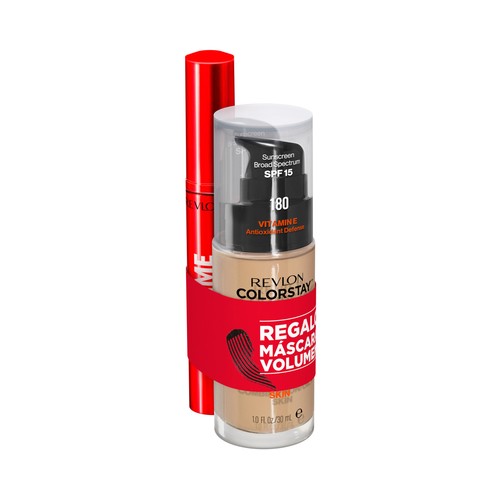REVLON Base de maquillaje (pieles mixtas a grasas) tono 180 + máscara de pestañas efecto volumen.