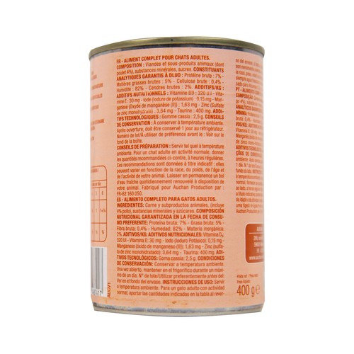 PRODUCTO ALCAMPO Comida húmeda para gatos a base de pollo 400 g.